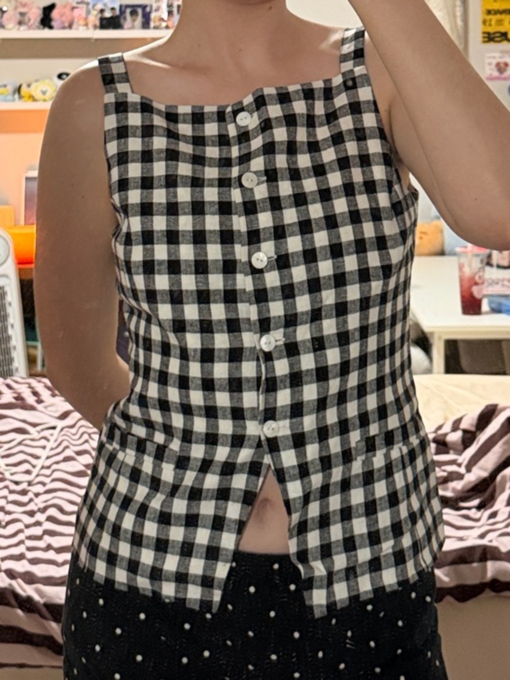 Black & White Gingham Button-Front Women's Tank Top